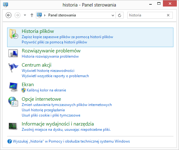 historia plikow - panel sterowania