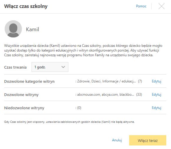Widok funkcji Czas szkolny podczas konfiguracji konta dziecka - norton 360