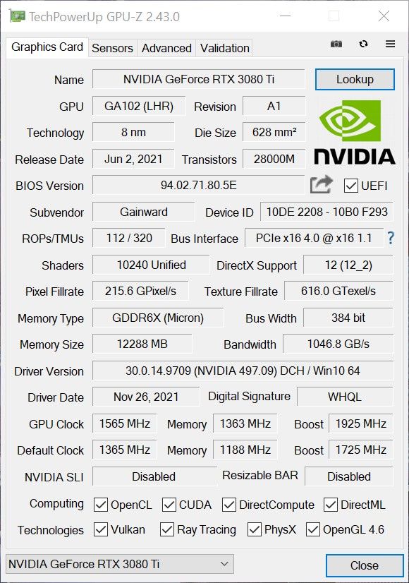 Gainward GeForce RTX 3080 Ti Phantom GS - GPU-Z OC