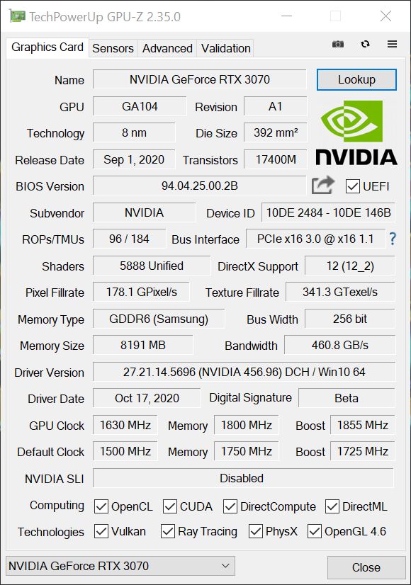 NVIDIA GeForce RTX 3070 FE - GPU-Z