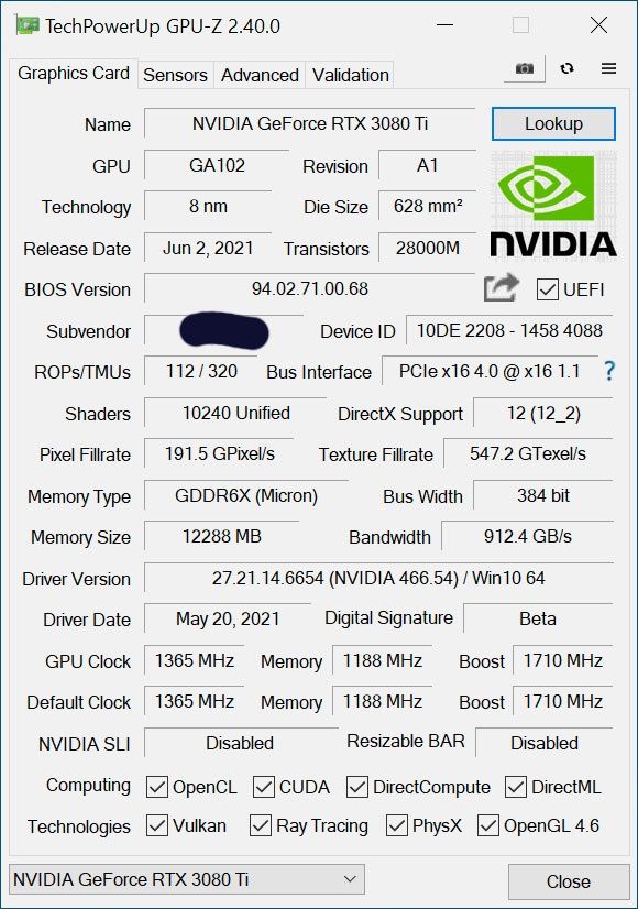 Nvidia GeForce RTX 3080 Ti - specyfikacja w GPU-Z