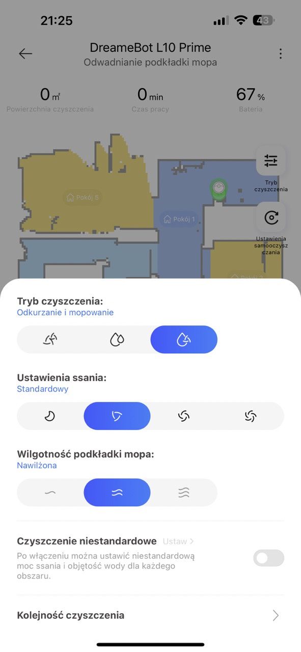 Aplikacja Dreamehome tryby czyszczenia