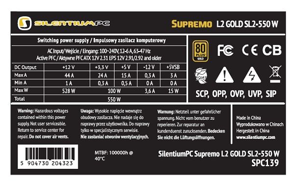 SilentiumPC Supremo L2 Gold 550 W - tabliczka znamionowa
