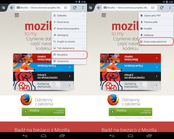 Firefox na Androida tryb gościa