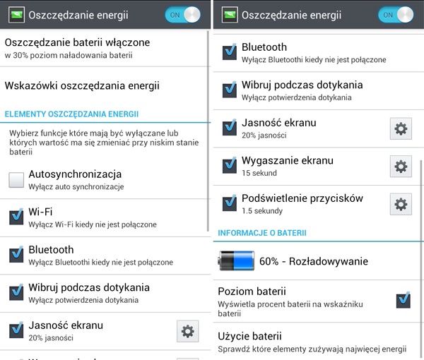 LG Swift L9 oszczędzanie energii