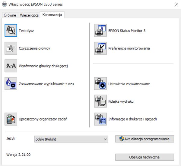 Epson L850 ustawienia druku konserwacja