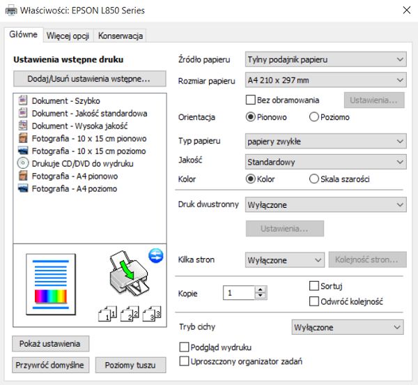 Epson L850 ustawienia druku główne