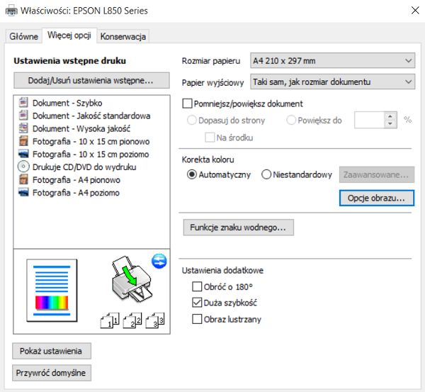 Epson L850 ustawienia druku więcej opcji