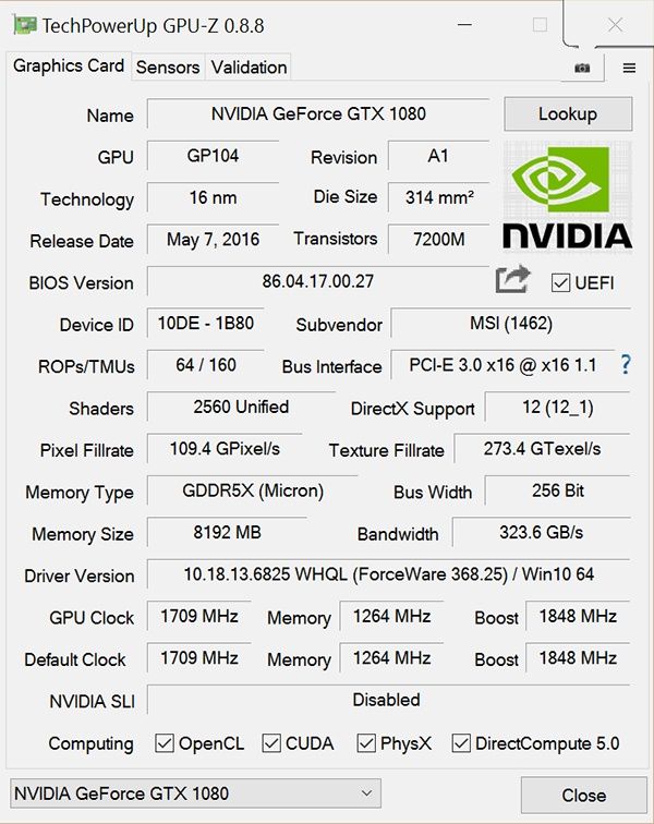 MSI GeForce GTX 1080 Gaming X - GPU-Z