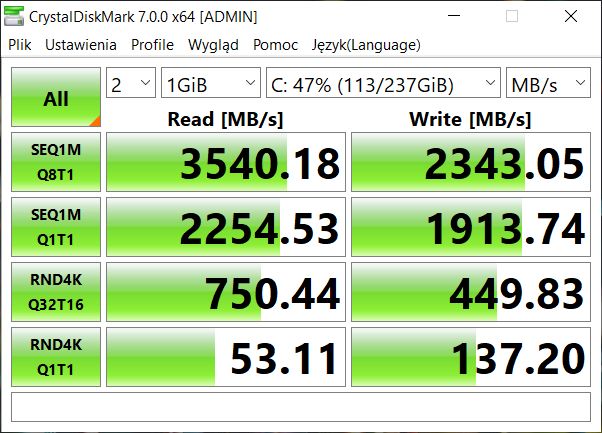 Lenovo Yoga S740-14 - wynik SSD CrystalDiskMark