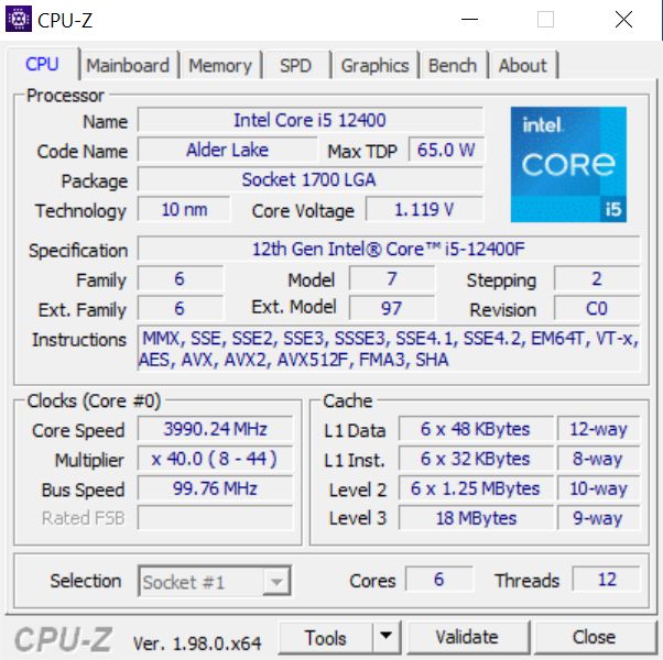 Intel Core i5-12400F - specyfikacja