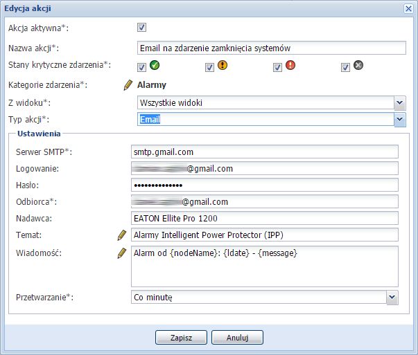 Intelligent Power Protector ustawienia e-mail