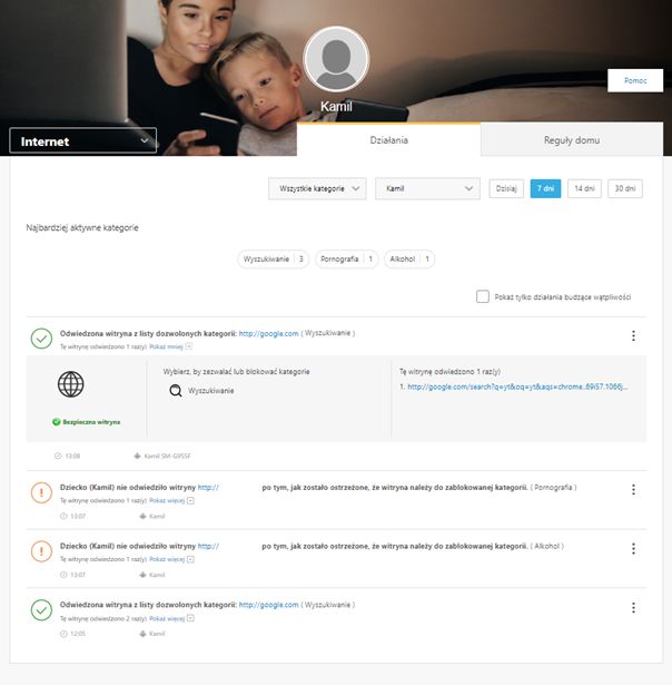 Widok sekcji Internet w konsoli rodzica - norton 360