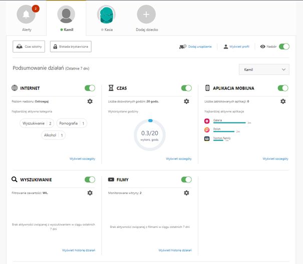 Widok na profil dziecka wraz z informacjami o jego aktywności - norton 360