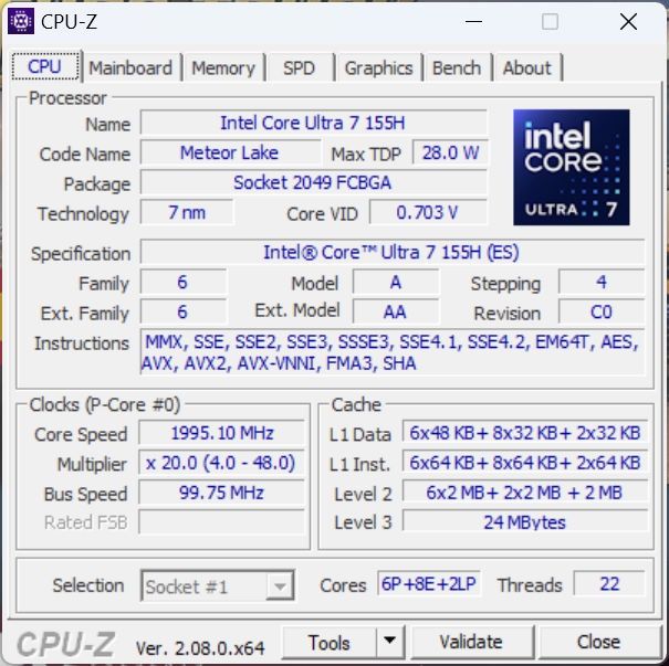 Intel Ultra 7 155H - CPU-Z