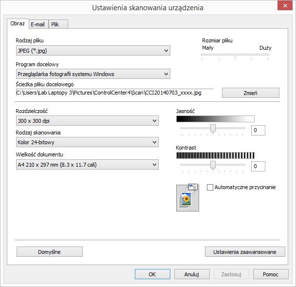 Brother DPC-J105 aplikacja Control Center menu skan ustawienia