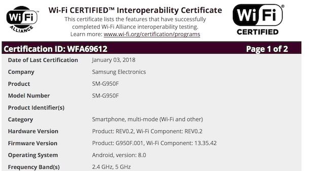 Android 8.0 Oreo dla Galaxy S8 certyfikat