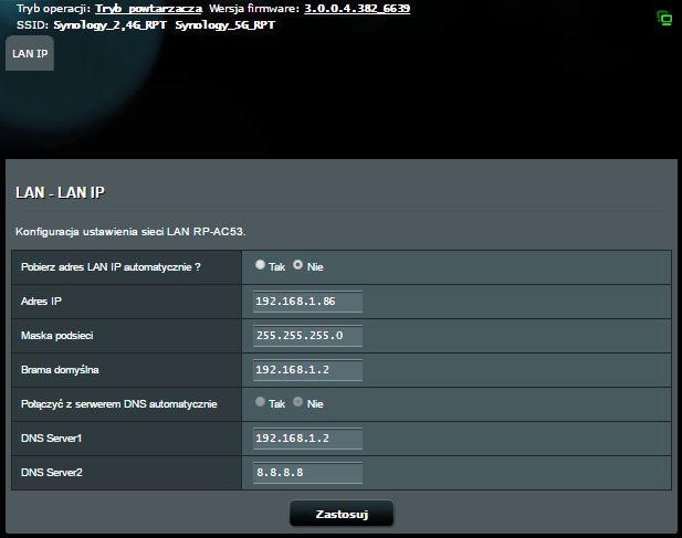 Zakładka LAN w Asus RP-AC53