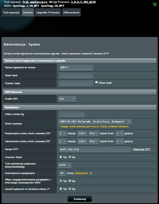 Zakładka zarządzania systemem ASUS RP-AC53