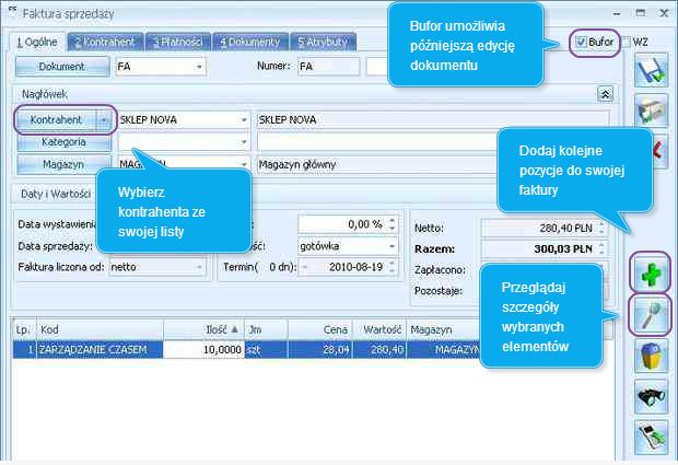 Wystawianie faktury z Comarch ERP Optima. Dokument może być dowolnie modyfikowany do momentu wyciągnięcia go z bufora. [źródło: Comarch]