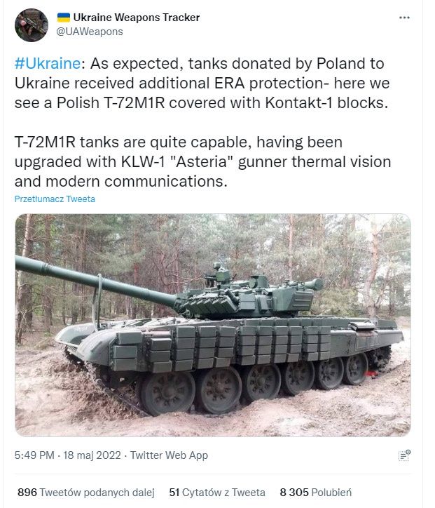 Polski T72 na Ukrainie z dodanym pancerzem reaktywnym