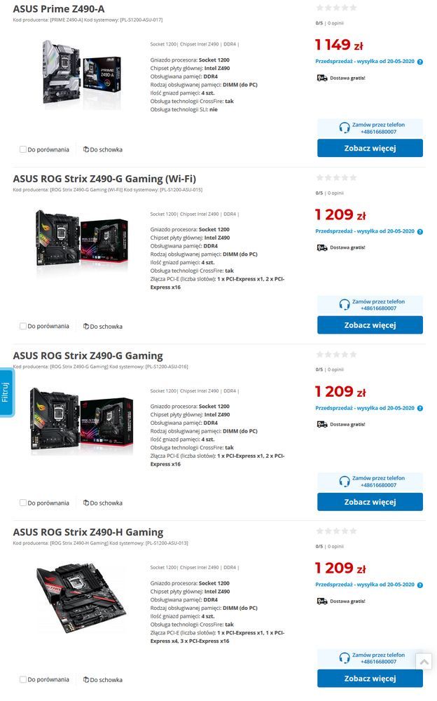 Komputronik - ceny płyt głównych Z490