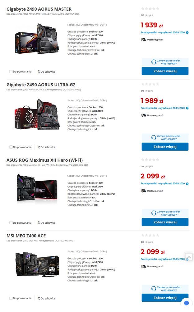 Komputronik - ceny płyt głównych Z490