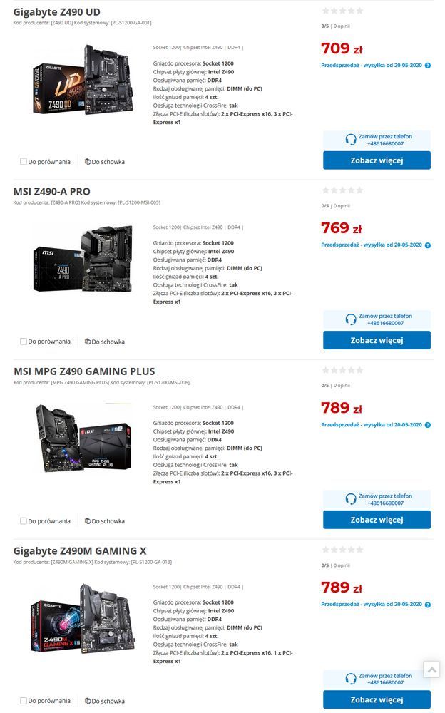 Komputronik - ceny płyt głównych Z490