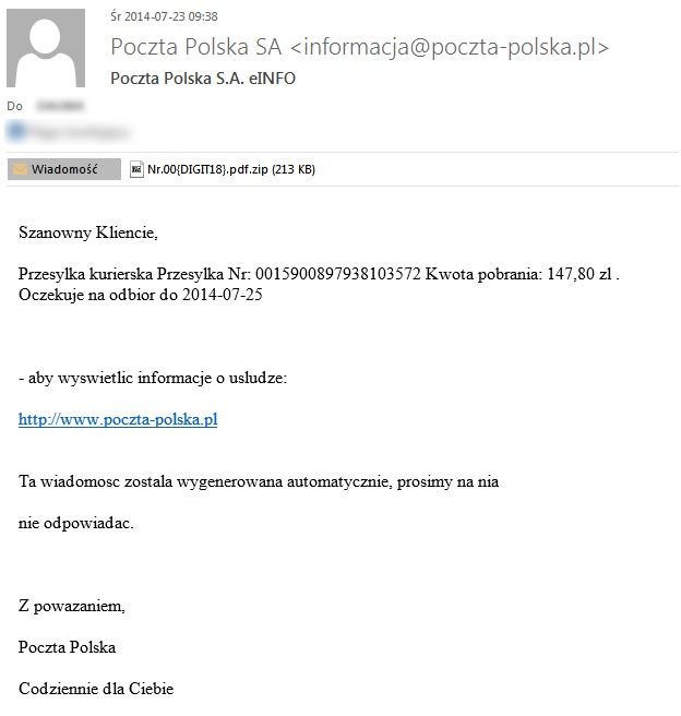 Treść fałszywego maila wysłanego rzekomo przez Pocztę Polską. [źródło: Dagma]