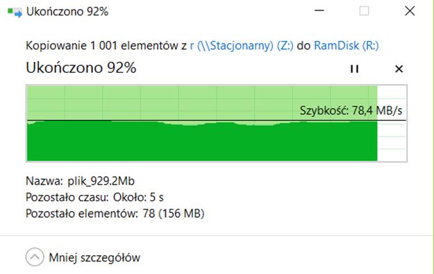 Wydajność portu gigabitowego przy przesyłaniu 1000 plików dwumegabajtowych