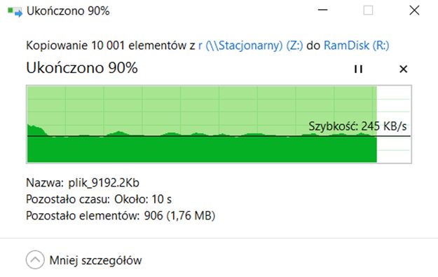 Wydajność portu gigabitowego przy przesyłaniu 10.000 plików dwukilobajtowych
