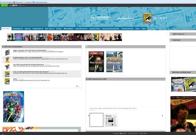 Przykład publicznego Dashboardu Netvibes analizującego wpisy, materiały wideo i strony dotyczące Comic Con.