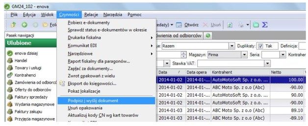Funkcja podpisywania i wysyłania e-faktur w systemie enova. [źródło: Soneta]