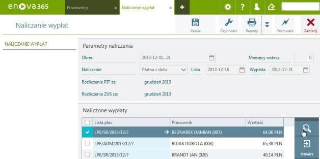 enova365 moduł  Kadry i Płace funkcja naliczania wypłat. [źródło: Soneta]