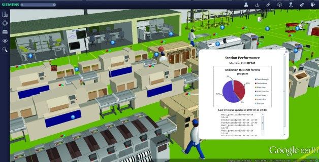 IntoSite przechowuje trójwymiarowe modele zakładów produkcyjnych i pozwala użytkownikom na ich wirtualne eksplorowanie – aż do poziomu pojedynczych stanowisk roboczych [źródło: Siemens PLM Software]