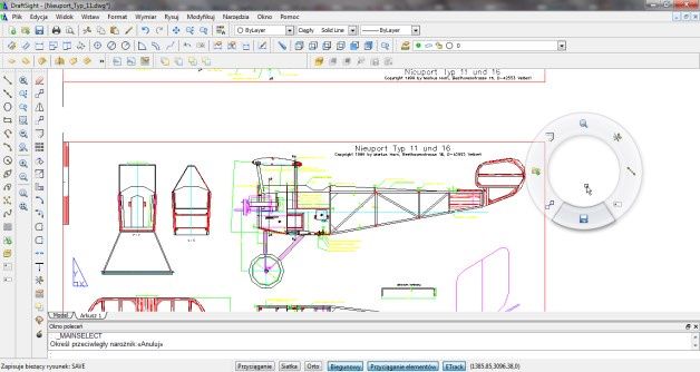 DraftSight to bezpłatna alternatywa dla programu AutoCAD LT. Możemy pracować jak w systemie firmy Autodesk, ale korzystając także z udogodnień dostępnych dla użytkowników systemów CATIA i SolidWorks. Na ilustracji widoczne jest koło tzw. „gestów myszy”.