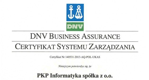 Certyfikat systemu zarządzania ISO/IEC 20000-1:2011 otrzymany przez firmę PKP Informatyka.