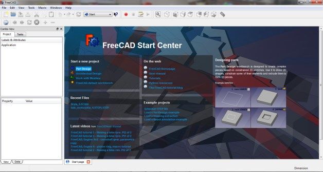 Okno startowe FreeCAD. Zanim zaczniemy nasz pierwszy projekt, warto skorzystać z dostępnych (przeważnie on-line) zasobów.