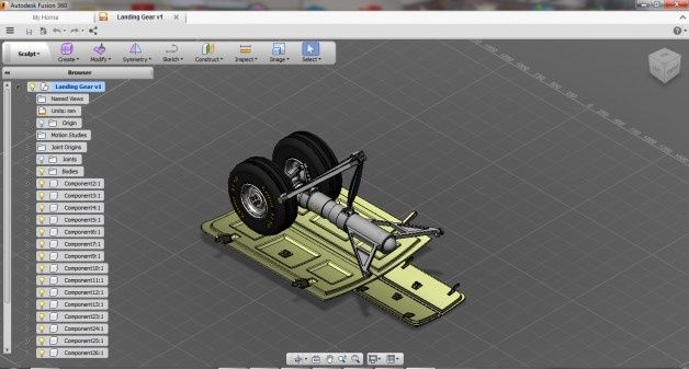 Widok złożenia zespołu podwozia samolotu w Autodesk Fusion 360. Widoczna lista komponentów/operacji.