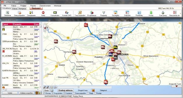 Śledzenie pojazdów na mapie w systemie GPS ATRAX – autorskim systemie monitorowania pojazdów firmy Tronik. [źródło: Tronik]