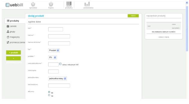 Dodawanie produktów do wystawianej faktury w systemie uebbill. [źródło: ueb]