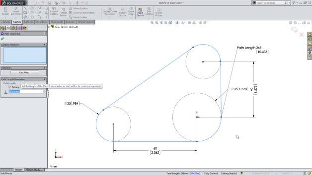 Ścieżka szkicu jest tworzona i definiowana przestrzennie przy użyciu jednego narzędzia – Path Length Dimension. [źródło: SolidWorks]