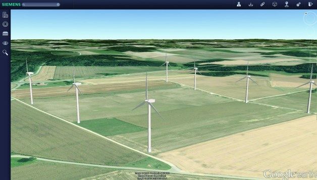 Cechą charakterystyczną aplikacji InfoSite jest możliwość wizualizacji terenowych obiektów produkcyjnych, które znajdują się w mniej dostępnych obszarach geograficznych. Mogą to być np. turbiny wiatrowe. [źródło: Siemens PLM Software]