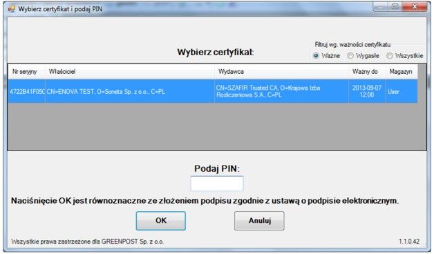 Okno podpisywania i wysyłania dokumentu z systemu enova. [źródło: Soneta]