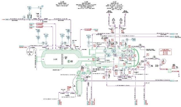 Schemat Instalacji procesowej (przemysł chemiczny) stworzony w programie Intergraph CADWorx P&amp;ID. [źródło: Datacomp]
