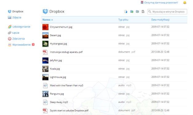 Witryna dropbox.com umożliwia dostęp do wszystkich plików zgromadzonych na dysku Dropbox. Aplikacja ta ma wbudowane funkcje prezentacji zdjęć.