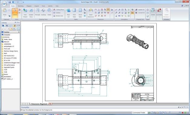 W poprzednich wersjach programu Solid Edge ST zawsze kładziono silny nacisk na zautomatyzowanie procesu rysowania. Podobnie w najnowszej wersji ST6 pojawiły się nowe narzędzia, które przyspieszają tworzenie rysunku. Za pomocą jednego kliknięcia myszy wymiary mogą zostać starannie ułożone i wyrównane na każdym widoku. [źródło: Siemens PLM Software]