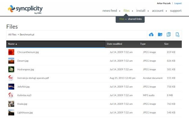 Witryna syncplicity.com daje dostęp do plików zgromadzonych na dysku internetowym Syncplicity.