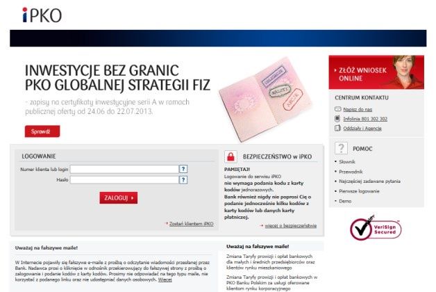 Strona phishingowa - do złudzenia przypominająca oryginalny serwis iPKO banku PKO BP.