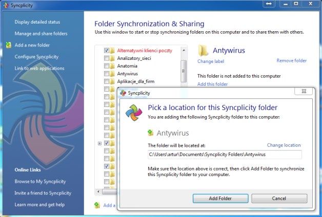 Aplikacja Syncplicity dla Windows pozwala wskazać listę folderów, które będą synchronizowane między urządzeniami użytkownika. Jednocześnie dane te zostaną zapisane i zabezpieczone na dysku Syncplitiy.